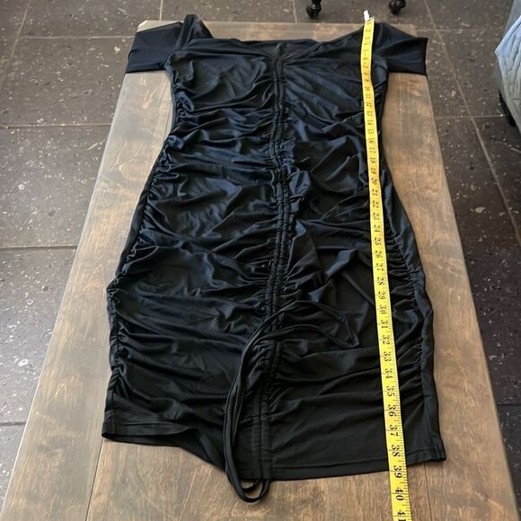 Sexy Mesh Bodycon Off Shoulder Long Sleeve Ruched Drawstring Knee Length Dress - Picture 13 of 14